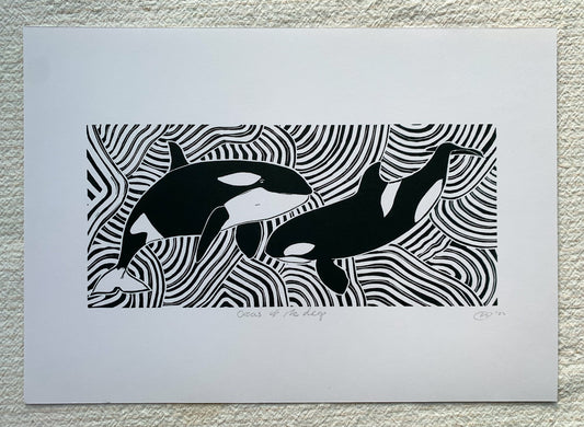Orcas Of The Deep - Orca Killer Whale Lino Print