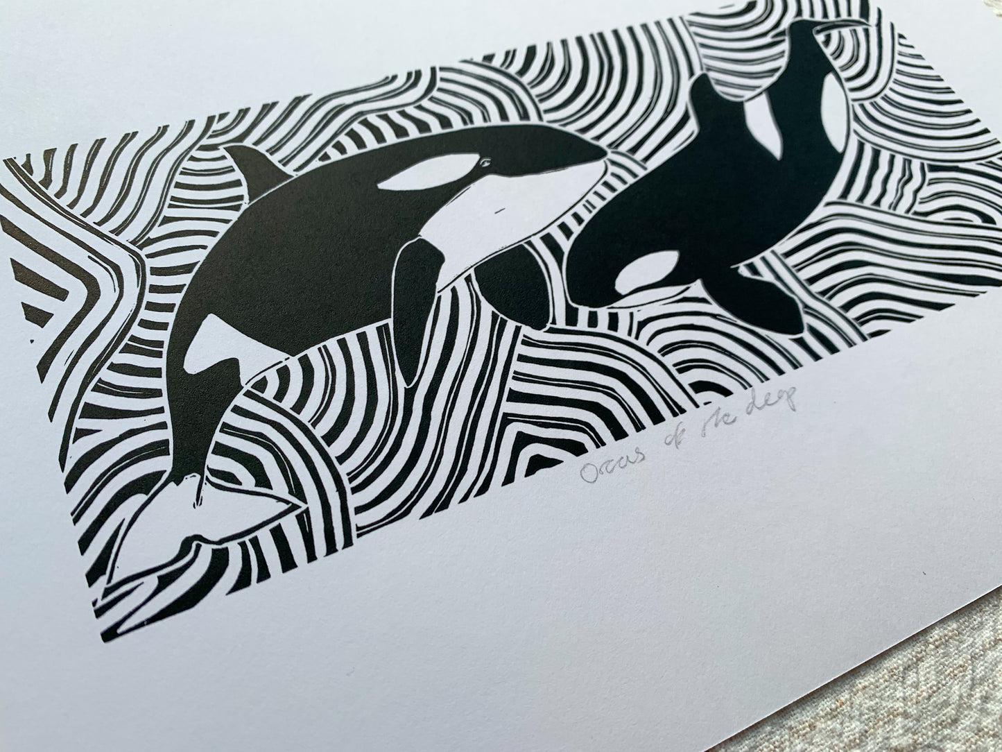 Orcas Of The Deep - Orca Killer Whale Lino Print