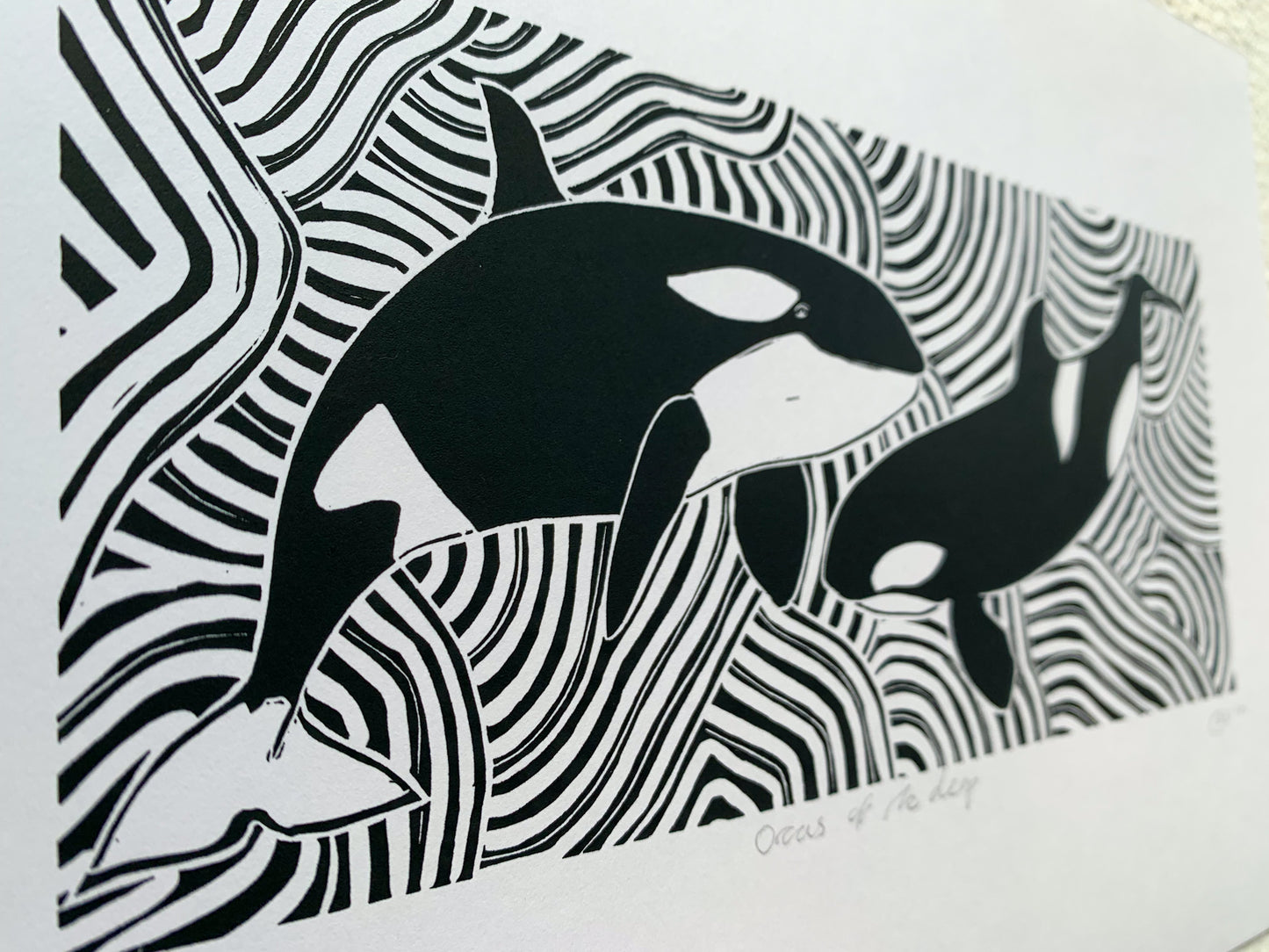 Orcas Of The Deep - Orca Killer Whale Lino Print