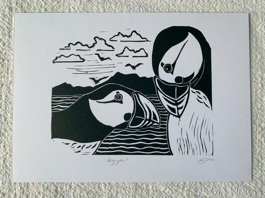 Hey, You - Puffin Bird Lino Print